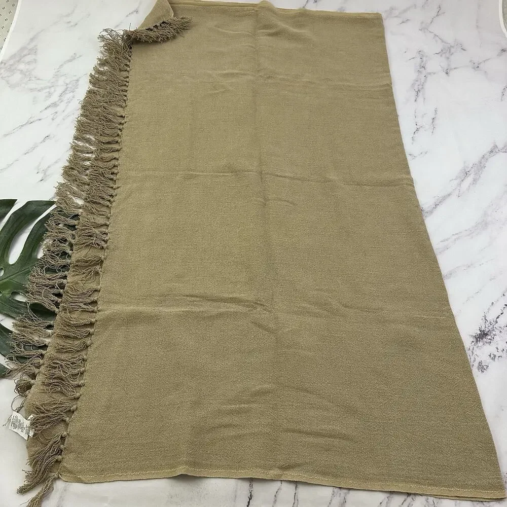 Pottery Barn Linen Cotton Blend Throw Blanket Tan Brown Fringe Woven 50x60 in